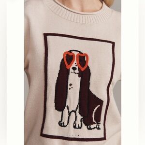 Anthropologie Crewneck Dog Icon Sweater Flat White NEW Neutral Dog 1X